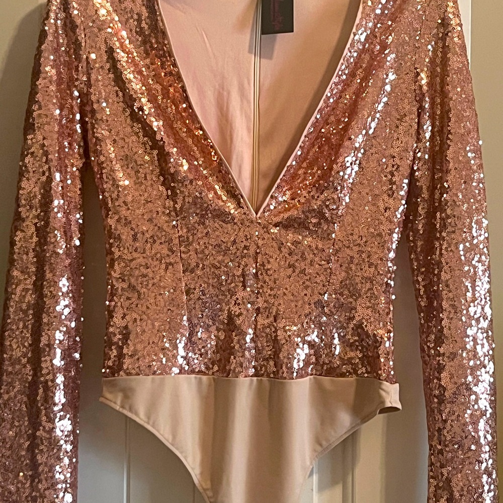 Hot Miami Styles Rose Gold Sequin bodysuit
